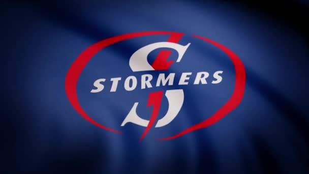 Agitando la bandera del viento con el símbolo del equipo de rugby los Stormers. Concepto deportivo. Uso editorial solamente — Vídeo de stock