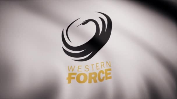 Waving in the wind flag with the symbol of the Rugby Western Force team. Sports concept. Editorial use only — Stock Video