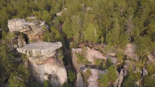 Bos en stenen in herfst luchtfoto drone boven bekijken. Luchtfoto op rotsen, rock formatie wth boslandschap. Klimmen. Een groep van jonge klimmers veroveren de toppen van rotsen en bergen — Stockvideo