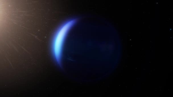 Vista de la atmósfera realista del espacio, estrellas centelleantes y el planeta girando lentamente iluminado por el sol en el lado izquierdo. Vista del planeta iluminado — Vídeo de stock