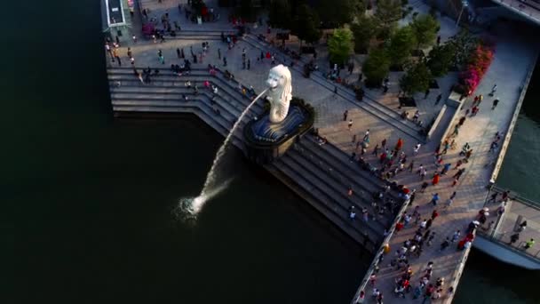 Szingapúr - augusztus, 2018: Kilátás-ból Szingapúr központjában. Lövés. Oroszlán Merlion Szökőkút szobor és pénzügyi tornyok háttér — Stock videók