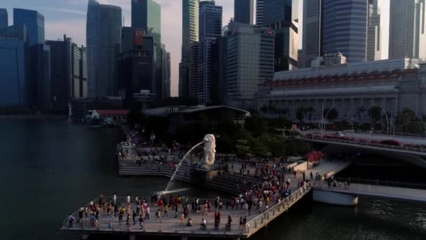 滨海湾, 新加坡 2018年5月: 商业区和鱼尾狮公园的景观。移动云与新加坡城市背景。拍摄。鱼尾狮是新加坡的民族化身。的顶部视图 — 图库视频影像