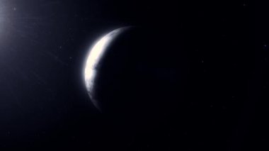 Yalnız uzak gezegen güneş yansıması ile derin karanlık uzayda döner. Günbatımı yabancı gezegende. Karanlık yıldızlı gökyüzü parlak sarı ışık ile kızdırma başlar puslu bir ufuk arkasında güneş batıyor