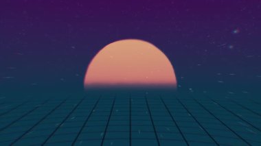 Retro Futuristic.Flight ızgara ve günbatımı üzerinde. 80s retro bilim kurgu. Retro 80'ler kılavuz güneş yıldız eski tv ekran animasyon arka plan, yeni benzersiz vintage güzel dinamik neşeli renkli video stil.