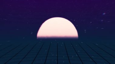 Retro Futuristic.Flight ızgara ve günbatımı üzerinde. 80s retro bilim kurgu. Retro 80'ler kılavuz güneş yıldız eski tv ekran animasyon arka plan, yeni benzersiz vintage güzel dinamik neşeli renkli video stil.
