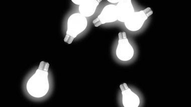 Animasyon 3d uçan lambaları siyah arka plan üzerine. CGI hareketli grafik soyut ve uçan ampuller. Yükselen lambalar veya ampul
