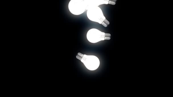 Анімація 3d літаючих ламп на чорному тлі. Анотація графіки руху CGI та літаючих ламп. Падіння ламп або ламп — стокове відео