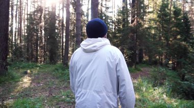 Genç adam kamp gezisinde. Görüntüleri. Özgürlük ve doğa kavramı. Adam ormanda yol boyunca güneşli sonbahar gününde yürüyüş arkadan görünümü