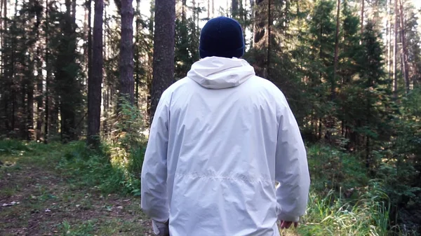 Young man on camping trip. Footage. Concept of freedom and nature. View of man from back walking in woods along path on sunny autumn day — Stock Photo, Image