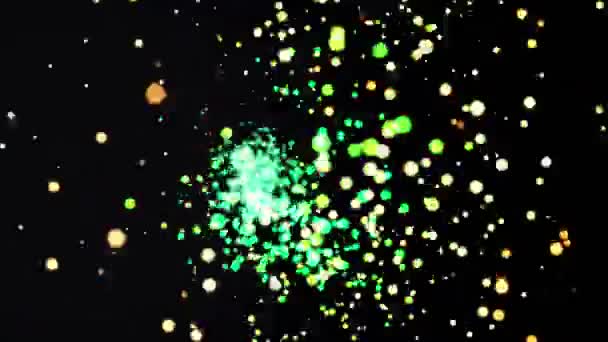 A slick modern motion graphics animation of an exploding, calmness, then imploding dot tunnel. Colorful Particles dots moving with depth of field. Glowing dots on black background version. Beautiful — Stock Video