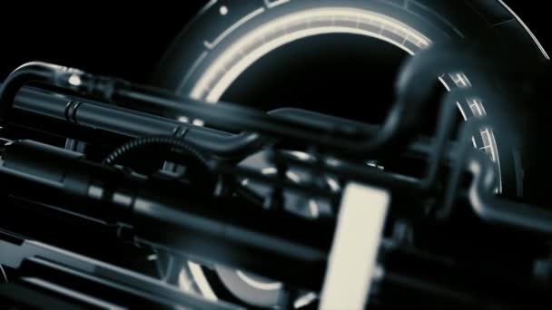 Animatie van futuristische en high-tech mechanisme met licht en rotatie details met buizen, abstracte machine achtergrond. — Stockvideo