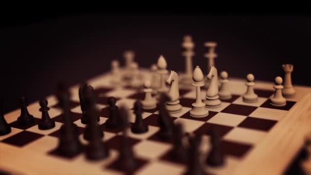 Concepto de ajedrez 3D. Tablero de ajedrez con bucle de ajedrez con alfa. Animación del juego de tablero de ajedrez. Tablero de ajedrez con piezas descendentes . — Vídeo de stock