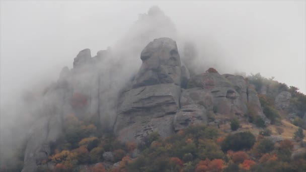 Mglista Pogoda w górzystym regionie. Strzał. Mglisty krajobraz w górach i skałach, piękny krajobraz natura panorama. Góry w poruszające się chmury — Wideo stockowe