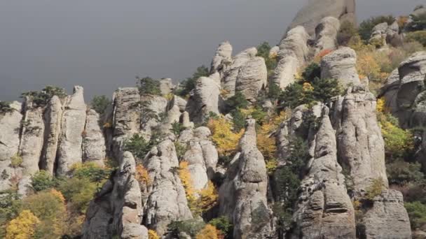 Landscape of mountains of China. Shot. Rocky Mountains with fog, forest background, China — Stock Video