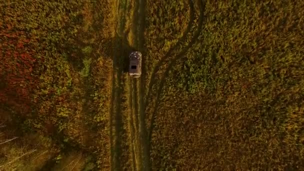 Вид сверху на зеленый пейзаж с машиной на беговой дорожке в поле с вечерним дождем солнца. Запись. Концепция автомобильных путешествий — стоковое видео