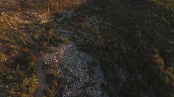 Top view on desert hillside with bushes and tall barren mountains beyond under bright blue sky. Shot. Bushes and stones in windy rocky desert — Stock Video