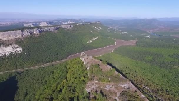 Altajbergen bort från drönaren. Skott. Flygfoto till landskap av gröna dalen översvämmad med ljus med frodiga gröna gräset, täckt med sten, sommar dag under en blå himmel med Altajbergen — Stockvideo