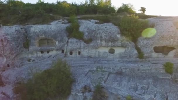 Open air museum, Cappadocia in a beautiful summer day. Aerial view on ancient settlement in rocks and caves. Shot — Stock Video