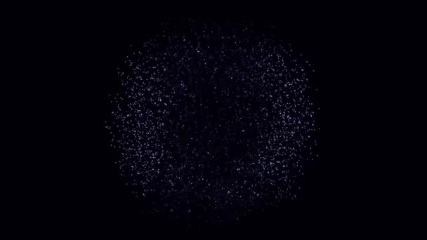 Κίνηση της σφαίρας από μετακίνηση κουκκίδες σε μαύρο φόντο. Μεταμορφώνονται από άμορφο σχήμα από τελείες και γραμμές. Τελείες σε ένα κανονικό πλέγμα επιφάνεια εκτελέσει χαοτικές κινήσεις και διασπορά στο χώρο — Αρχείο Βίντεο