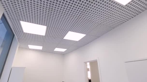 Petite vue de bureau. Temps libre au bureau. Salle de bureau moderne et compacte avec plusieurs postes de travail et une lumière artificielle vive. Concept d'intérieur de bureau — Video