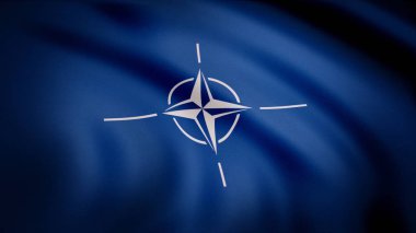 NATO bayrağı. Animasyon yakın çekim merkezi tuval beyaz simgesi olan mavi kumaş sallayarak. Beyaz dört ışın yıldız rüzgar gülü ıraksak beyaz çizgilerle ile sembol