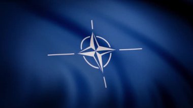 NATO bayrağı. Animasyon yakın çekim merkezi tuval beyaz simgesi olan mavi kumaş sallayarak. Beyaz dört ışın yıldız rüzgar gülü ıraksak beyaz çizgilerle ile sembol