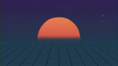 Retro futuristik Intro manzara. Neon mesh ile batan güneşin ve yıldızların üzerinde uçuş. Retro animasyon kavramı