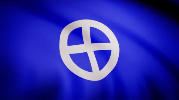 Bandera con símbolo astrológico de la tierra. Animación de primer plano de lona ondulante de tela azul con símbolo blanco en el centro. Símbolo cruz blanca en círculo — Vídeo de stock