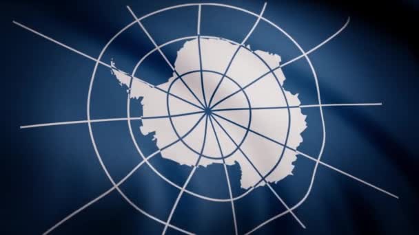 南極大陸の非公式な旗。現実的なファブリックの詳細なテクスチャと南極大陸の旗を風になびかせて。子午線の重ね合わせ画像の南極大陸旗のアニメーションをクローズ アップ — ストック動画