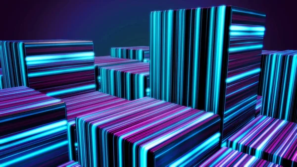 Cubes in neon lines. Abstract bright neon cubes. Abstract animation with moving cubic figures in space on dark background