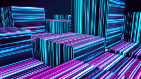 Cubes in neon lines. Abstract bright neon cubes. Abstract animation with moving cubic figures in space on dark background