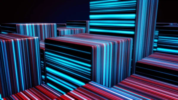 Cubes in neon lines. Abstract bright neon cubes. Abstract animation with moving cubic figures in space on dark background