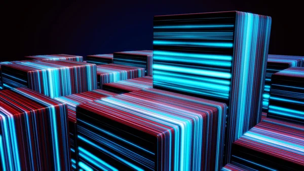 Cubes in neon lines. Abstract bright neon cubes. Abstract animation with moving cubic figures in space on dark background