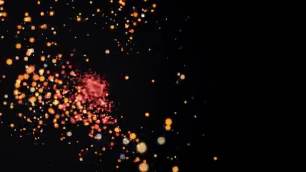 Transition des particules explosives chaudes. Animation abstraite de particules volantes provenant d'une seule source. Éblouissement lumineux en bref sur fond noir — Video