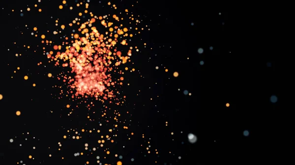 Переход горячих взрывных частиц. Абстрактная анимация летающих частиц из одного источника. Светящийся свет в фокусе на черном фоне — стоковое фото