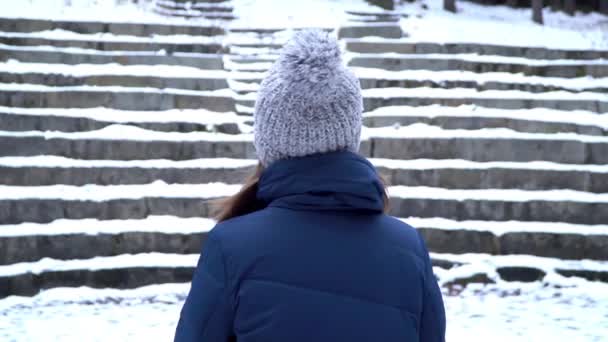 Krásná dívka v klobouku a zimní oblečení úsměv, zatímco se dívá na kameru a těší se dobré počasí. Pozitivní emoce. Mladá žena v pozadí zasněžené zimě schody — Stock video