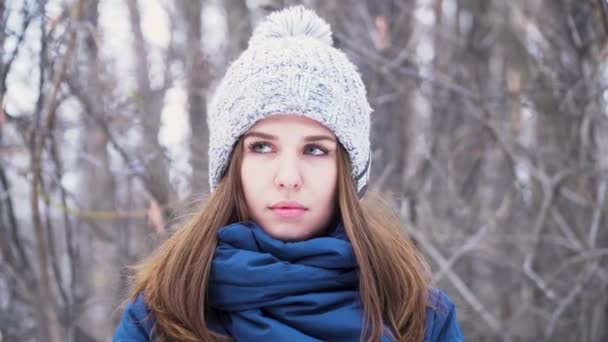 Close-up portrait of beautiful young smiling caucasian woman in winter jacket, hat and scarf. Brunette girl snowy wood portrait. — Stock Video