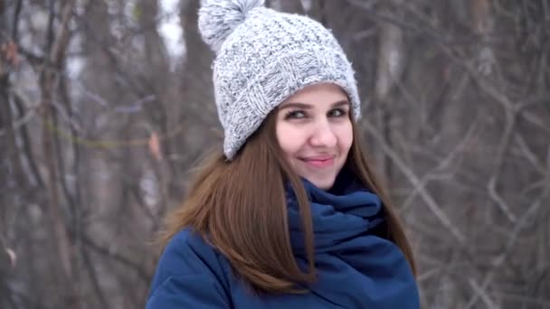 Nahaufnahme Porträt einer stilvollen jungen schönen Frau lächelt in einem Winterpark vor verschneitem Hintergrund. junges schönes Model posiert über dem Winterwald. Stylisches Modeporträt. — Stockvideo