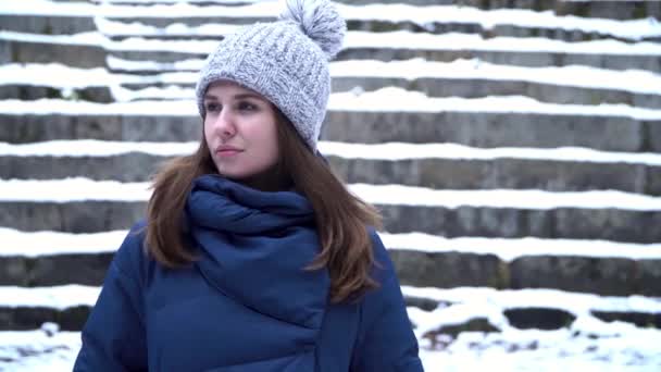 Zavřete portrét stylový mladé krásné ženy s skličující pohled v zimě parku nad zasněženým pozadím. Mladé krásné model představuje přes zimní les. Stylové módní portrét. — Stock video