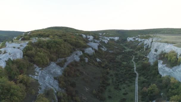 Pohled shora village Road v kamenné soutěsky. Střela. Panoramatický pohled rokle v kamenné skály se zelenými stromy. Venkovské silnice v úzkém údolí soutěsky — Stock video