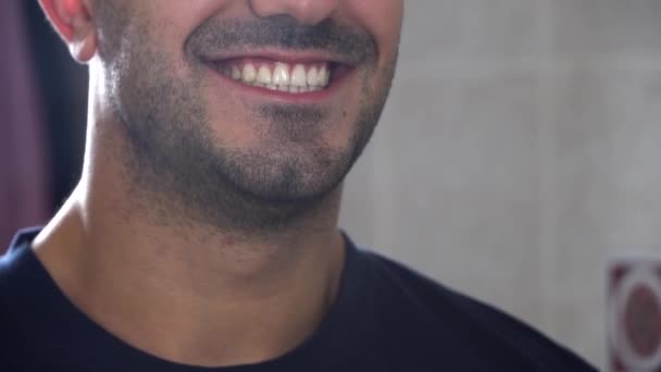 Großaufnahme Lächelndes Gesicht Eines Gutaussehenden Jungen Bärtigen Mannes Nahaufnahme Perfekter — Stockvideo