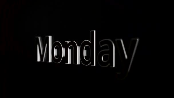 Monday text word gliding on black, glossy background, 3D animation. Silver, 3D text animation of word monday — Stock Video