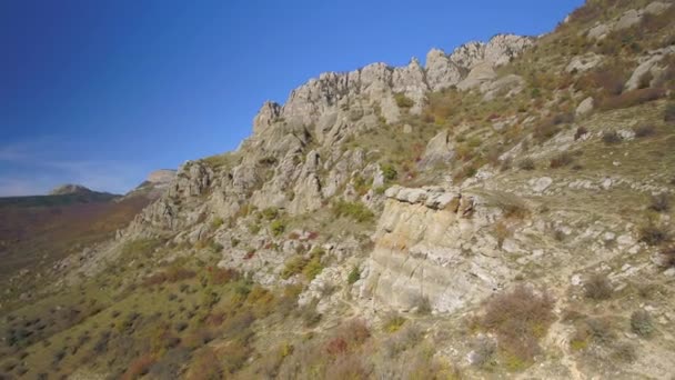 森林附近的岩石峭壁和蓝天的鸟图。拍摄。乌萨美丽的风景 — 图库视频影像