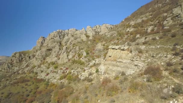 An aerial view of rock crags and blue sky near the forest. Shot. Beautiful landscape of USA — Stock Video