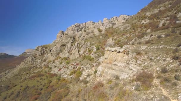 Eine Luftaufnahme von Felsen und blauem Himmel in der Nähe des Waldes. Schuss. schöne Landschaft der USA — Stockvideo