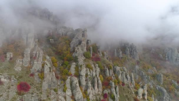 Bovenaanzicht op vrijstelling van de rotsen herfst in mist. Schot. Weergave van rotsformaties van de berg met gekleurde droog gras en struiken op mist achtergrond — Stockvideo