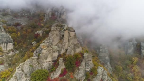 Vista superior sobre relieve de rocas otoño en niebla. Le dispararon. Vista de formaciones rocosas de montaña con hierba seca de color y arbustos sobre fondo de niebla — Vídeos de Stock