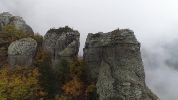 在悬崖石柱附近欣赏风景。拍摄。接近浓雾的岩石石柱的顶视图。秋天风景与五颜六色的灌木和浓密的灰色雾在山上 — 图库视频影像