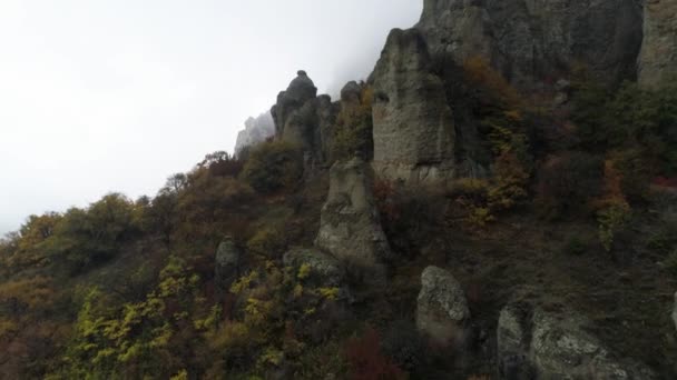 Dağ tarafında. Vurdu. Üstten görünüm rock eğim ile sonbaharda renkli ağaçlar. Eğim kalın sis içinde büyüleyici görünümü — Stok video