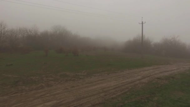 Elektrické přenosové vedení před mlhou les poblíž městě road. Střela. Přívodní dráty v mlze časného rána — Stock video